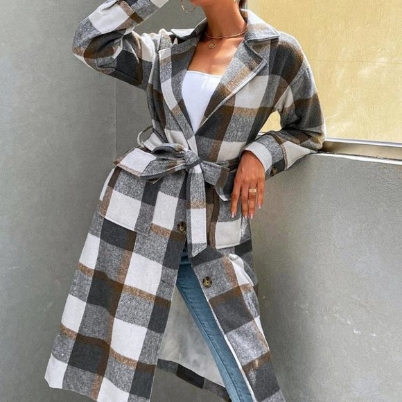 button down belted overcoat jacket fall plaid print - Picture 2 of 6